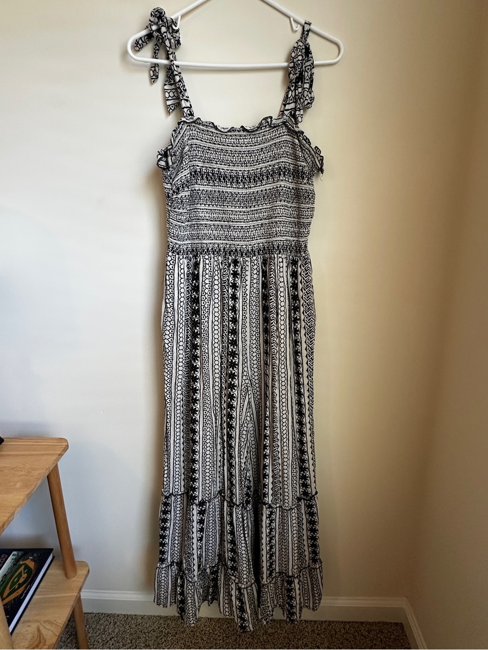 Black & White Patterned Tie-Shoulder Maxi Dress